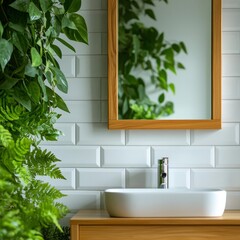 Fototapeta premium A bathroom with wooden accents, such as a wooden vanity and mirror frame, paired with white tiles and greenery, creating a spa-like ambiance