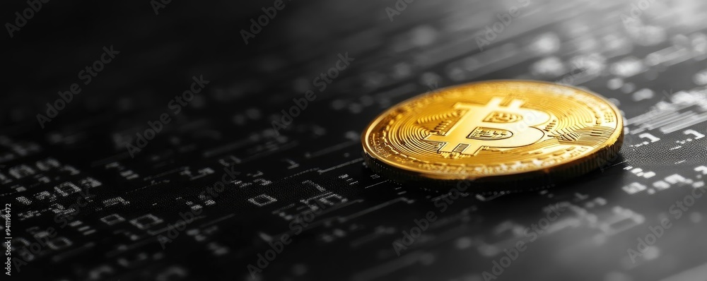 Poster Close-up of a Bitcoin on a digital background, symbolizing cryptocurrency and blockchain technology in modern finance.