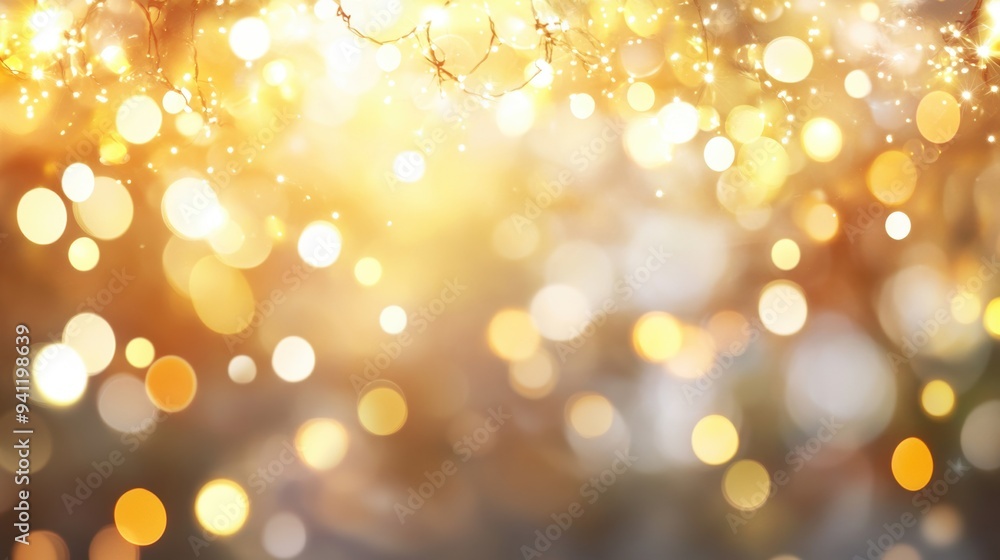 Poster a vibrant scene featuring warm golden bokeh lights with sparkling effects, creating a festive and dr