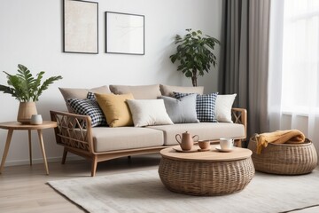 Modern Living Room with Tan Sofa, Wicker Coffee Table, and Decorative Pillows