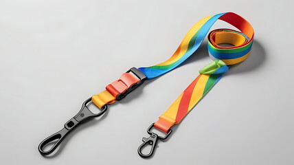 A colorful rainbow-striped fabric lanyard with a plastic breakaway buckle, isolated on a light grey background, emphasizing vibrant colors and design