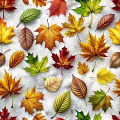 Seamless pattern of autumn leaves in vibrant colors, showcasing diverse tree species, generated by a neural network.