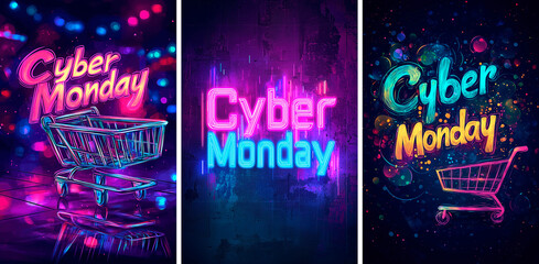 Neon Cyber Monday posters with carts, website advert, blog banner, sale banner, Cyber Monday advertising, commercial advert