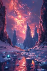 A serene alien landscape under multiple suns, with towering crystalline structures and exotic flora illuminated by the ethereal glow of a nearby nebula