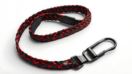 Fototapeta premium A sleek black and red braided lanyard with a metal clip, lying flat on a clean white isolated background, showing detailed texture and pattern