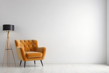 A Mustard Yellow Armchair and a Black Tripod Floor Lamp in a White Room