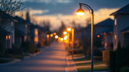 A close-up of a row of streetlights along a suburban street, casting a soft, golden glow on the empty road and surrounding houses.