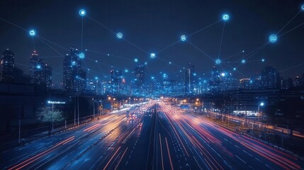 Obraz premium illuminated smart city at night interconnected iot devices data streams visualization advanced urban technology concept