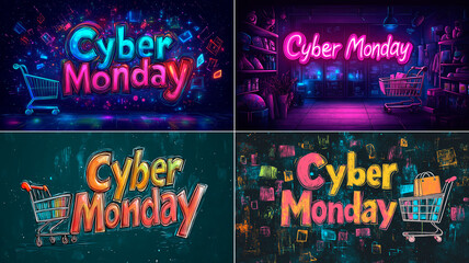 Fototapeta premium Vibrant Cyber Monday deals and carts, website advert, blog banner, sale banner, Cyber Monday advertising, commercial advert