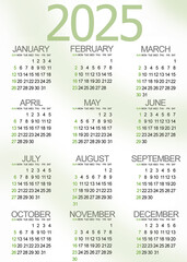 A simple 2025 calendar with green decor. Desk planner template with 12 months. Grid of months of the year on white background.