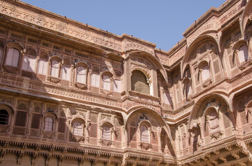 Obraz premium Mehrangarh fort, exterior architecture details and carvings, one of the largest forts in India, Famous tourist landmark, UNESCO World heritage site, Jodhpur, Rajasthan, India, Asia.