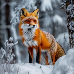 Fototapeta premium 13. **Stunning red fox in a snow-covered forest, its vivid orange fur contrasting sharply with the white surroundings**, [Vivid wildlife contrast], [fox in winter landscape]