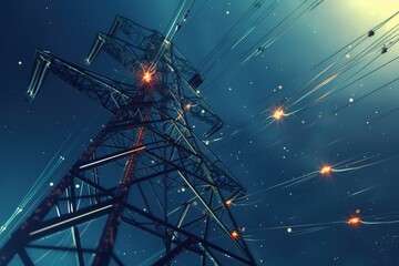A high voltage tower lit up by many bright lights, suitable for use in a cityscape or electrical infrastructure illustration