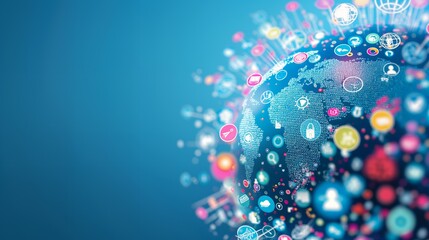 A digital globe surrounded by various social media and technology icons.
