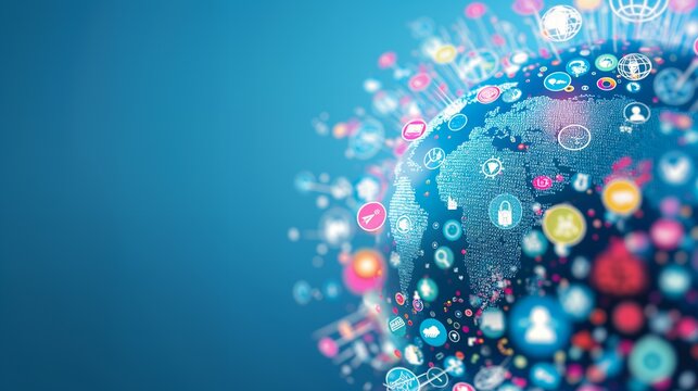 A digital globe surrounded by various social media and technology icons.