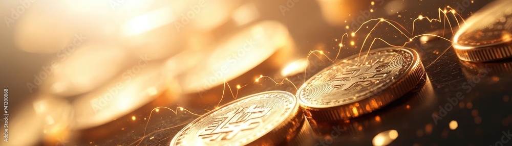 Poster Close-up view of shimmering coins, reflecting light in a captivating display, symbolizing wealth and prosperity.