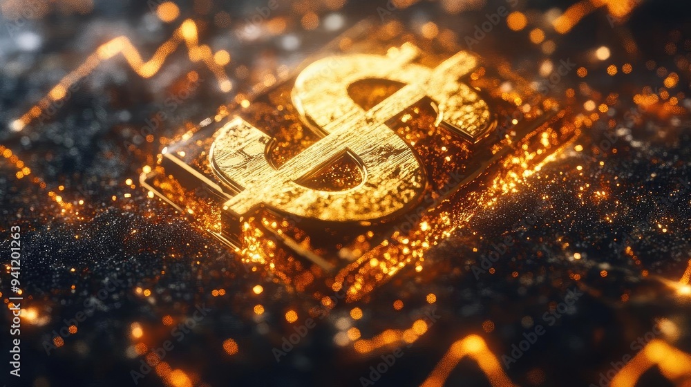 Poster a vibrant golden dollar sign glimmers amidst sparkling particles, symbolizing wealth and prosperity 