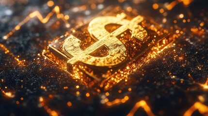 A vibrant golden dollar sign glimmers amidst sparkling particles, symbolizing wealth and prosperity in a dynamic financial background.
