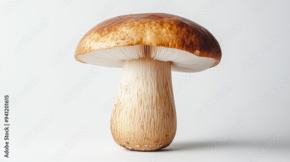 Poster a close-up of a single mushroom with its cap and gills clearly visible, set against a plain white ba