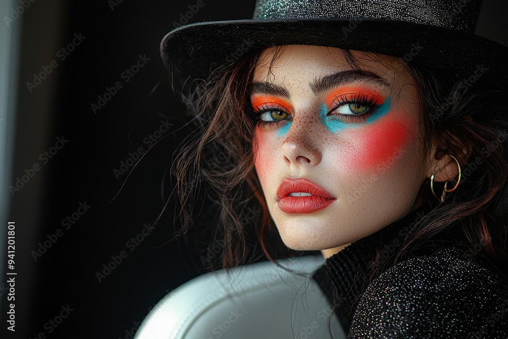 Canvas Prints On black background, a young woman with gothic vampire makeup is enjoying a Halloween party