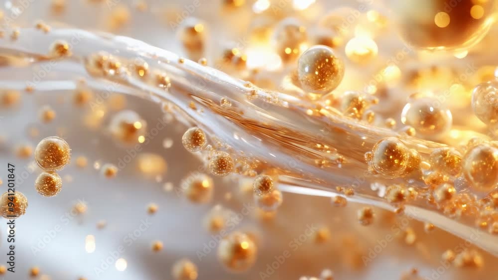 Aufkleber golden droplets floating in a clear liquid with a smooth, dynamic flow