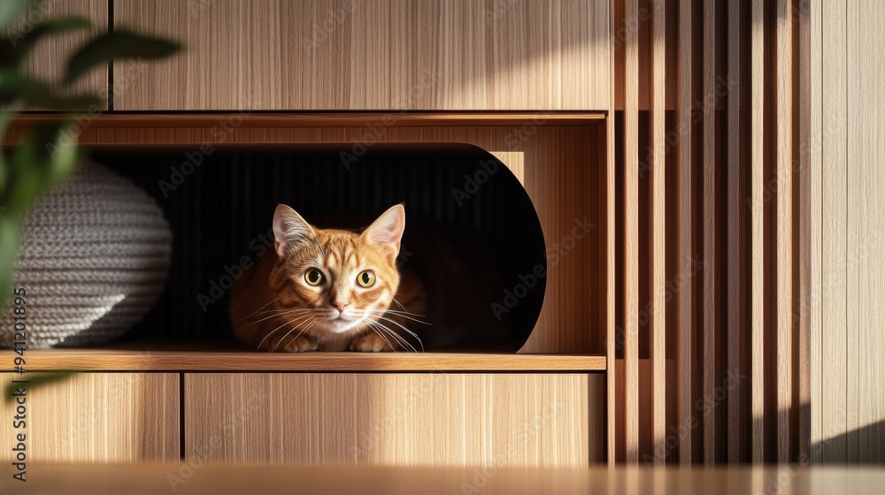 Poster a close-up of a sleek, modern cat house with a minimalist design, showing a cat peeking out from the
