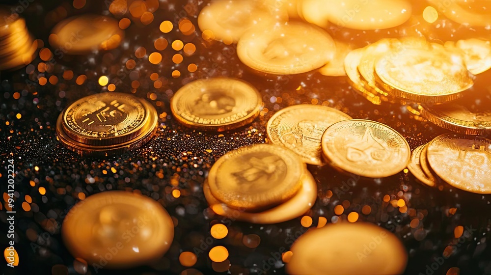 Poster shiny golden coins scattered on a sparkling surface, showcasing a wealth of prosperity and luxury un