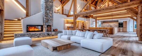 A rustic farmhouse interior with exposed wooden beams, a stone fireplace, and wooden furniture, creating a warm and inviting atmosphere
