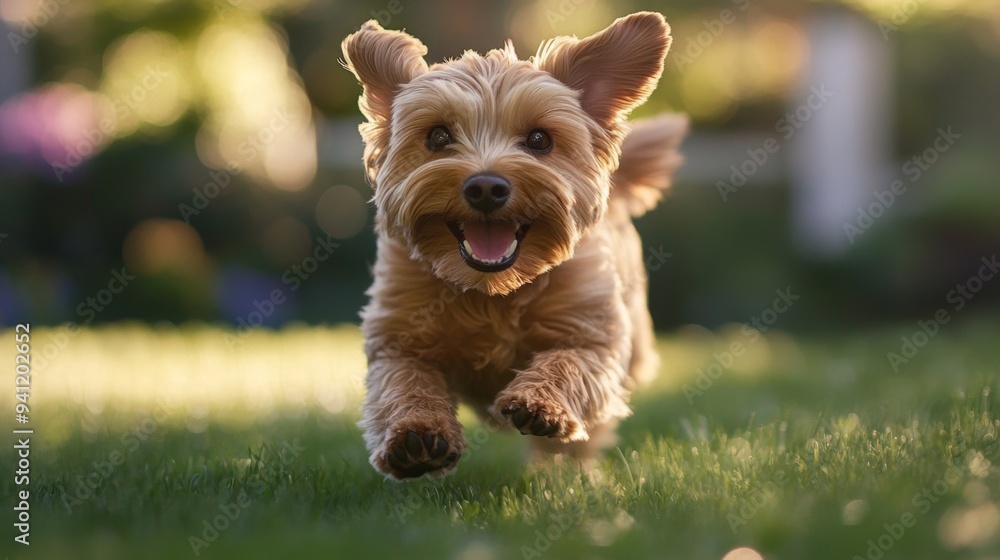 Poster a close-up of a small dog running through a grassy yard, with its tail wagging and a look of pure de