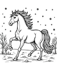 Christmas coloring page horse falling on snowflakes black and white