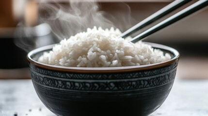 A close-up of a steaming bowl of rice with a pair of chopsticks poised to serve, highlighting the hot and fluffy texture of the rice in a cozy kitchen setting.