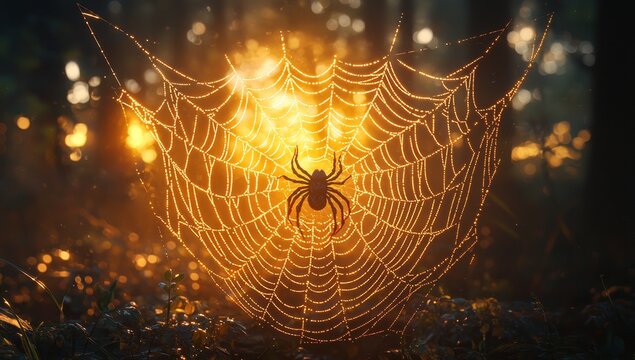 Gloomy dark sky with a huge cobweb. Trap, arachnophobia, wild caterpillar, tropical animals, spiders, tarantulas, horror, screamer, fear, phobia. Eerie concept. 3D artwork.