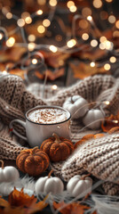 Obraz premium Cozy Autumn Hot Chocolate with Mini Pumpkins