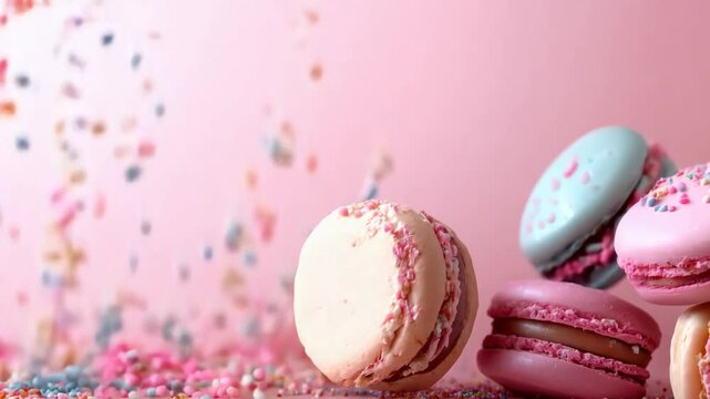 Colorful macarons floating against a soft pink background, sprinkled with confetti-like decorations