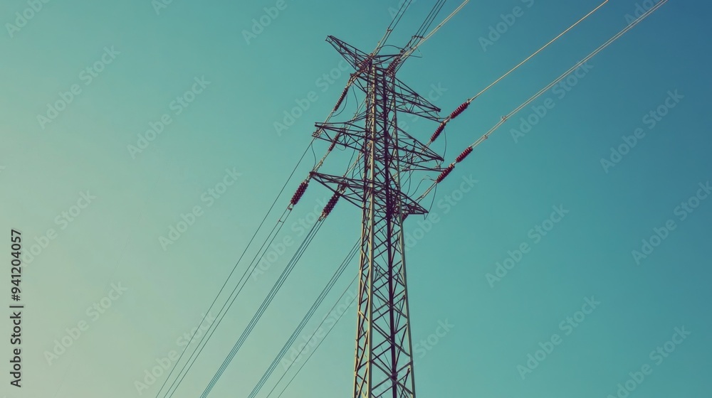 Poster a close-up of a tall electrical transmission tower with intricate metalwork and high-voltage power l