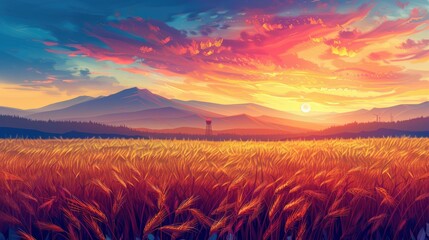 Golden Field with a Sunset Over Silhouetted Mountains