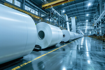 Big white paper rolls in modern factory