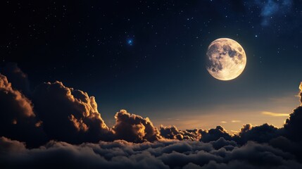 Beautiful full moon night sky with stars and illuminated clouds, perfect for dreamy, nocturnal, or celestial themed designs.