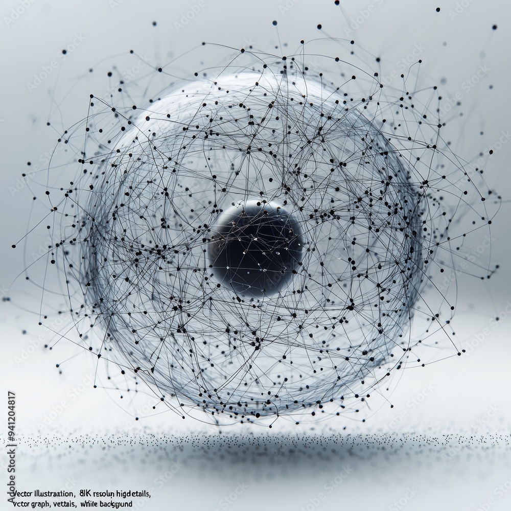 Poster a wireframe sphere is constructed with points and curves, creating an abstract illustration with a t
