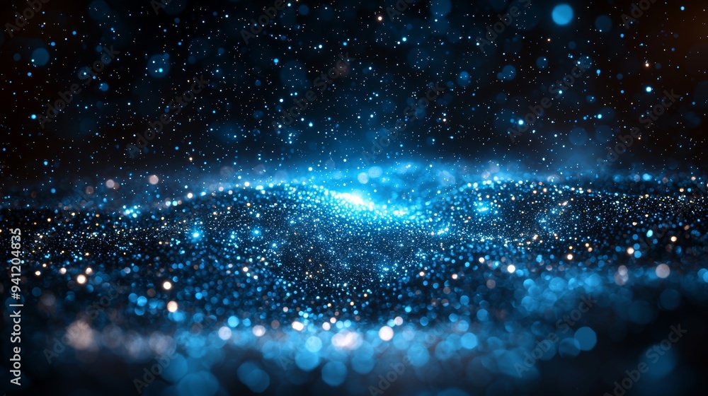 Poster animation of explosions of blue and black particles. 3d renderings are available.