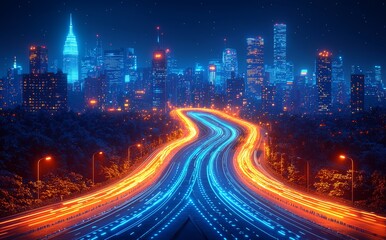 An abstract tower cityscape with a blue light line design and a tech sci-fi concept background