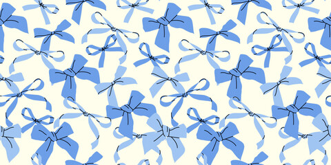 A variety of blue bows on a white background. Hand-drawn groovy vector pattern. Simple and childish background with bows. Playful and whimsical design. Trendy hair braiding accessory.