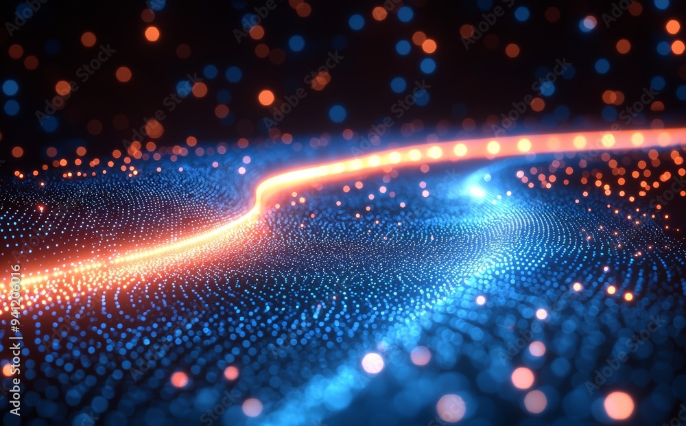 Poster dimensional layers in blue with dots of blue light as a background
