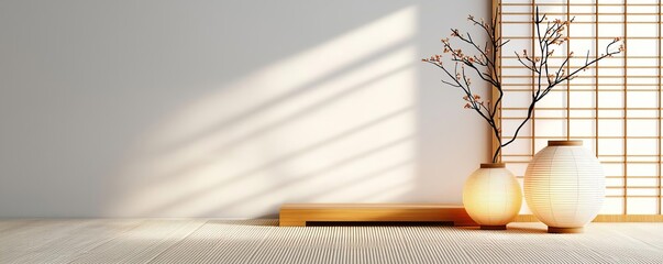 Japanese-inspired interior with tatami mats, wooden low table, and paper lanterns, creating a serene and balanced atmosphere