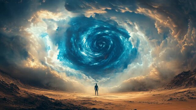 A lonely man stands in front of a giant funnel in the sky, creating a feeling of the power of nature and mysticism