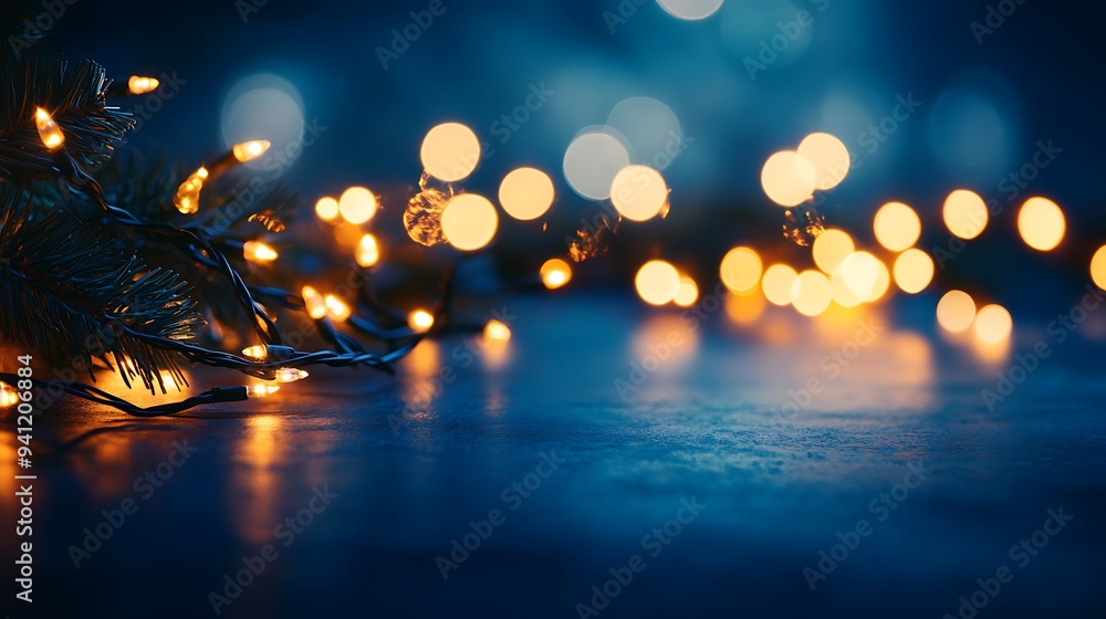 Poster festive string lights with a pine branch on a blue background with bokeh lights.