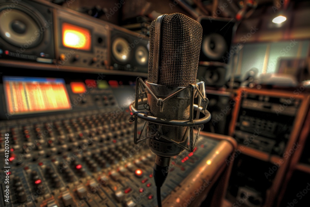 Poster a close-up of a microphone in a recording studio setting, with a sound board visible in the backgrou