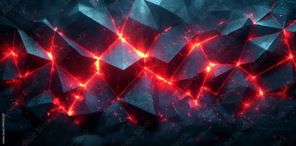 Poster dynamic abstract art piece composed of red and black geometric shapes