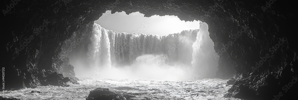 Poster In this breathtaking natural scene, waterfalls cascade with streams, creating a show of mist as the water plunges, adding an enchanting and dynamic element.