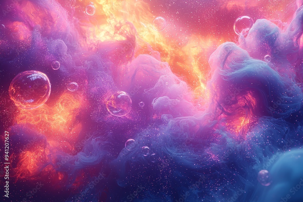 Poster the background features neon clouds of different colors in an abstract fantasy sky.